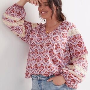 Anthropologie Eze Sur Mer Yvonne Lace Blouse boho long sleeve Large Puff Sleeve